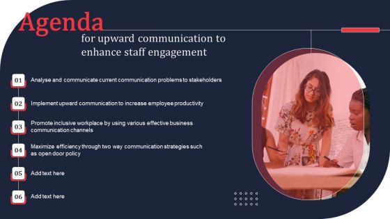 Agenda For Upward Communication To Enhance Staff Engagement Ppt PowerPoint Presentation File Infographics PDF Agenda For Upward Communication To Enhance Staff Engagement Ppt PowerPoint Presentation File Infographics PDF