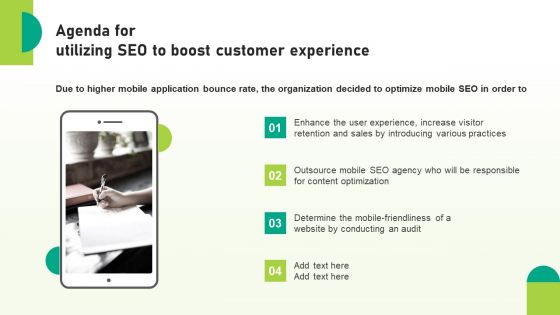Agenda For Utilizing SEO To Boost Customer Experience Ppt Icon Backgrounds PDF
