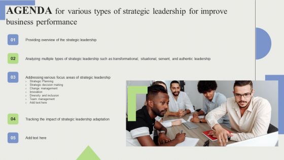 Agenda For Various Types Of Strategic Leadership For Improve Business Performance Structure PDF