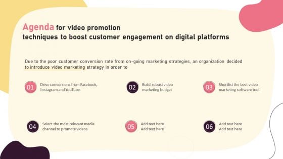 Agenda For Video Promotion Techniques To Boost Customer Engagement On Digital Platforms Slides PDF