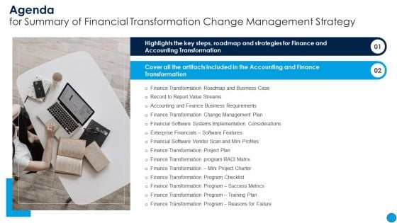 Agenda Forfor Summary of Financial Transformation Change Management Strategy Pictures PDF