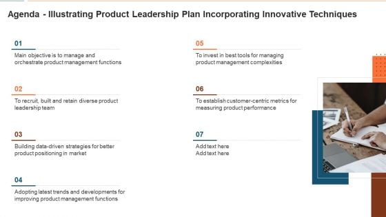 Agenda Illustrating Product Leadership Plan Incorporating Innovative Techniques Information PDF