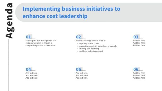 Agenda Implementing Business Initiatives To Enhance Cost Leadership Inspiration PDF