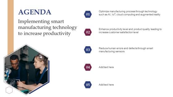 Agenda Implementing Smart Manufacturing Technology To Increase Productivity Slides PDF