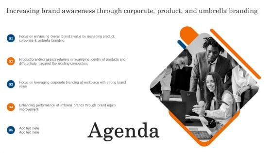 Agenda Increasing Brand Awareness Through Corporate Product And Umbrella Branding Microsoft PDF