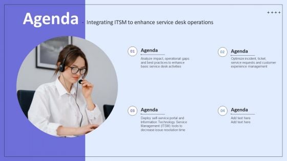 Agenda Integrating ITSM To Enhance Service Desk Operations Themes PDF