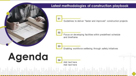 Agenda Latest Methodologies Of Construction Playbook Ppt Show Slideshow PDF