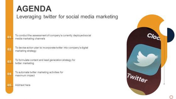 Agenda Leveraging Twitter For Social Media Marketing Clipart PDF