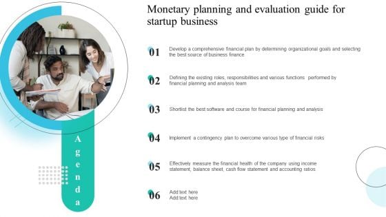 Agenda Monetary Planning And Evaluation Guide For Startup Business Ppt Slides Professional PDF