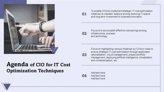 Agenda Of CIO For IT Cost Optimization Techniques Brochure PDF Agenda Of CIO For IT Cost Optimization Techniques Brochure PDF