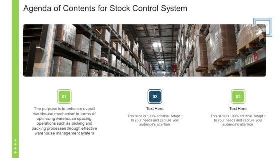 Agenda Of Contents For Stock Control System Ppt Ideas Examples PDF