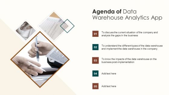 Agenda Of Data Warehouse Analytics App Professional PDF