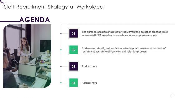 Agenda Of Staff Recruitment Strategy At Workplace Slides PDF