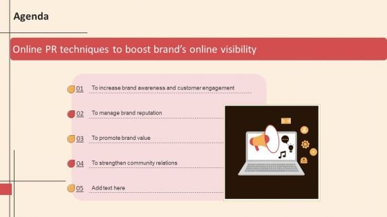 Agenda Online PR Techniques To Boost Brands Online Visibility Template PDF