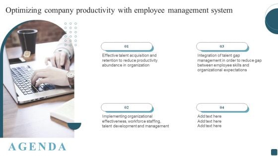 Agenda Optimizing Company Productivity With Employee Management System Infographics PDF Agenda Optimizing Company Productivity With Employee Management System Infographics PDF