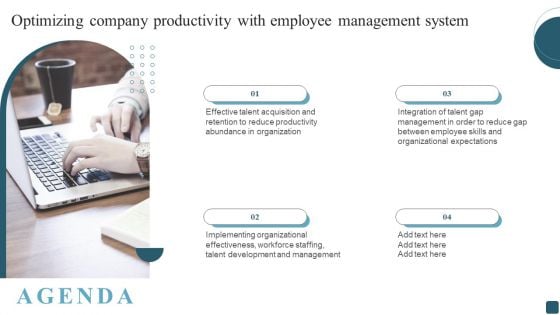 Agenda Optimizing Company Productivity With Employee Management System Infographics PDF