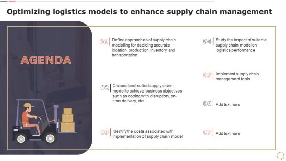 Agenda Optimizing Logistics Models To Enhance Supply Chain Management Slides PDF