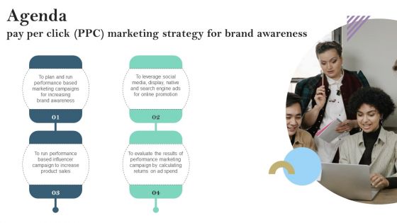 Agenda Pay Per Click PPC Marketing Strategy For Brand Awareness Ppt PowerPoint Presentation File Icon PDF