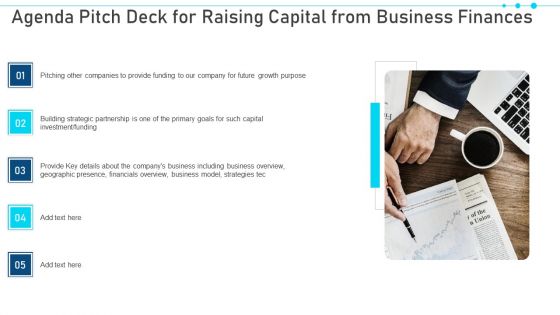 Agenda Pitch Deck For Raising Capital From Business Finances Summary PDF