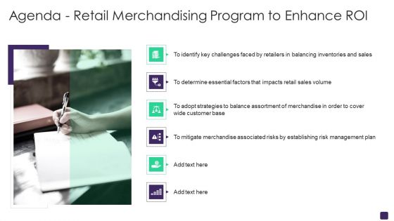 Agenda Retail Merchandising Program To Enhance ROI Ppt PowerPoint Presentation File Graphic Tips PDF