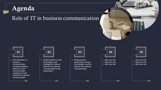 Agenda Role Of IT In Business Communication Ppt PowerPoint Presentation Icon Ideas PDF