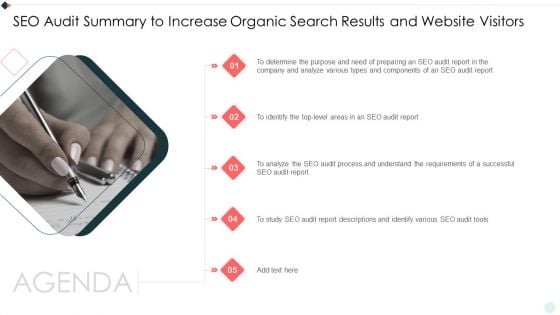 Agenda SEO Audit Summary To Increase Organic Search Results And Website Visitors Topics PDF