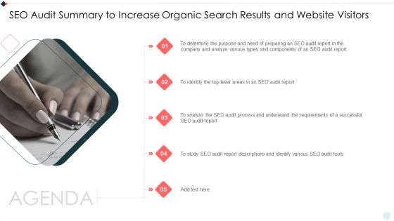 Agenda SEO Audit Summary To Increase Organic Search Results And Website Visitors Topics PDF