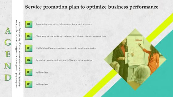 Agenda Service Promotion Plan To Optimize Business Diagrams PDF