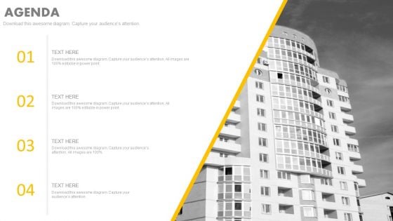 Agenda Slide With Corporate Building Design Powerpoint Slides