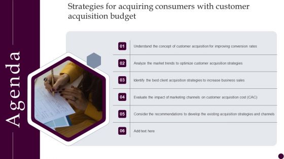 Agenda Strategies For Acquiring Consumers With Customer Acquisition Budget Pictures PDF