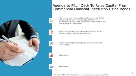 Agenda To Pitch Deck To Raise Capital From Commercial Financial Institution Using Bonds Icons PDF