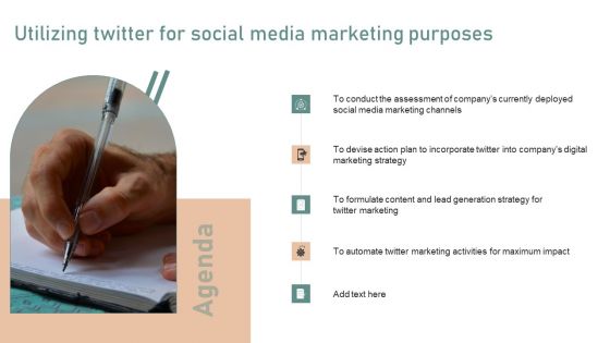 Agenda Utilizing Twitter For Social Media Marketing Purposes Portrait PDF