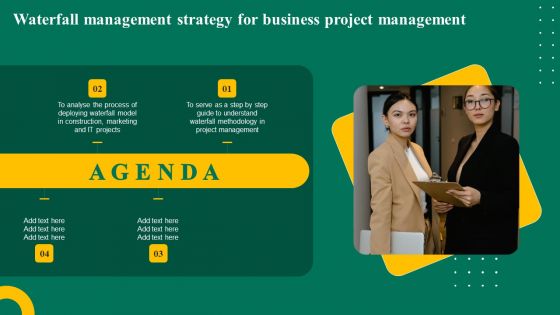 Agenda Waterfall Management Strategy For Business Project Management Ppt Layouts Master Slide PDF