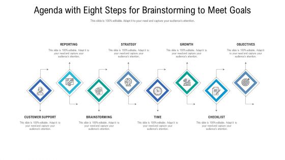 Agenda With Eight Steps For Brainstorming To Meet Goals Ppt File Icons PDF