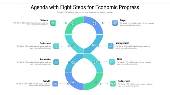 Agenda With Eight Steps For Economic Progress Ppt Inspiration Backgrounds PDF