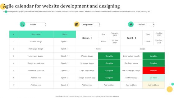 Agile Calendar For Website Development And Designing Inspiration PDF