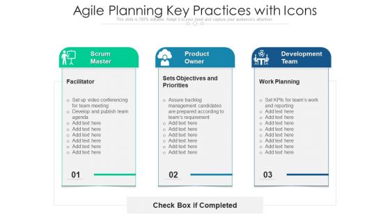 Agile Planning Key Practices With Icons Ppt PowerPoint Presentation Ideas Deck PDF