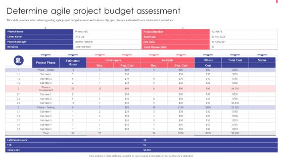 Agile Playbook For New Product Improvement Determine Agile Project Budget Assessment Graphics PDF