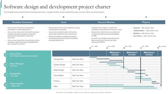 Agile Playbook For Program Designers Software Design And Development Project Charter Ppt Summary Smartart PDF