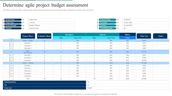 Agile Product Development Determine Agile Project Budget Assessment Sample PDF