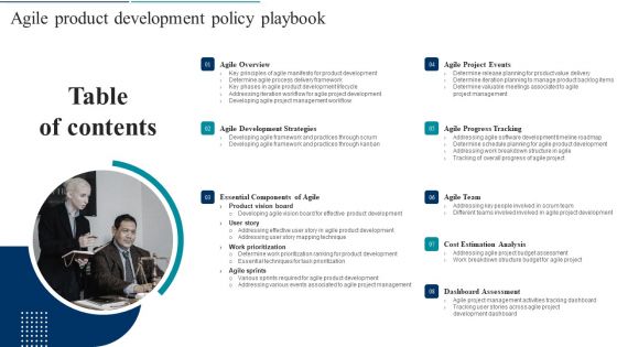 Agile Product Development Policy Playbook Table Of Contents Professional PDF