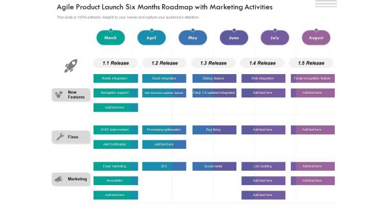 Agile Product Launch Six Months Roadmap With Marketing Activities Clipart