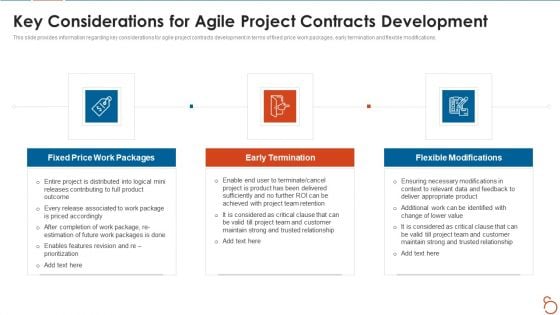 Agile Project Expenses Projection IT Key Considerations For Agile Project Contracts Development Diagrams PDF