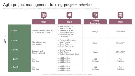 Agile Project Management Training Program Schedule Slides PDF