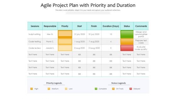 Agile Project Plan With Priority And Duration Ppt PowerPoint Presentation Gallery Guidelines PDF