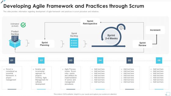 Agile Project Playbook Presentation Developing Agile Framework And Practices Through Scrum Icons PDF