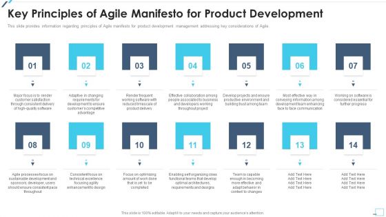 Agile Project Playbook Presentation Key Principles Of Agile Manifesto For Product Development Icons PDF