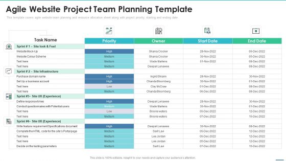 Agile Project Team Delegation IT Agile Website Project Team Planning Template Themes PDF