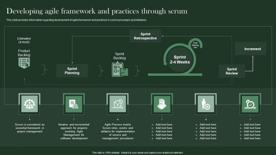 Agile Supported Software Advancement Playbook Developing Agile Framework And Practices Slides PDF