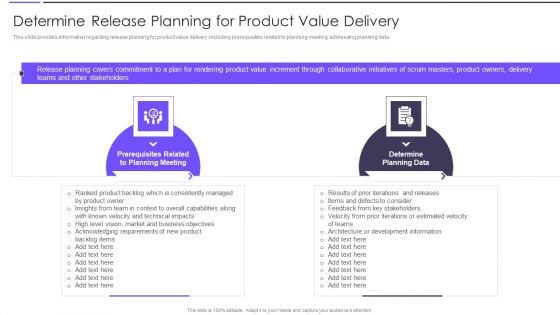 Agile Transformation Framework Determine Release Planning For Product Value Delivery Icons PDF